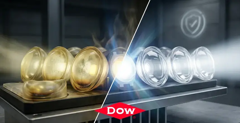 DOWSIL™ Silikon-Sekundäroptiken für LED-Leuchten Vergilbte thermoplastische Linsen vs. klare Silikon-Sekundäroptiken für LED-Leuchten