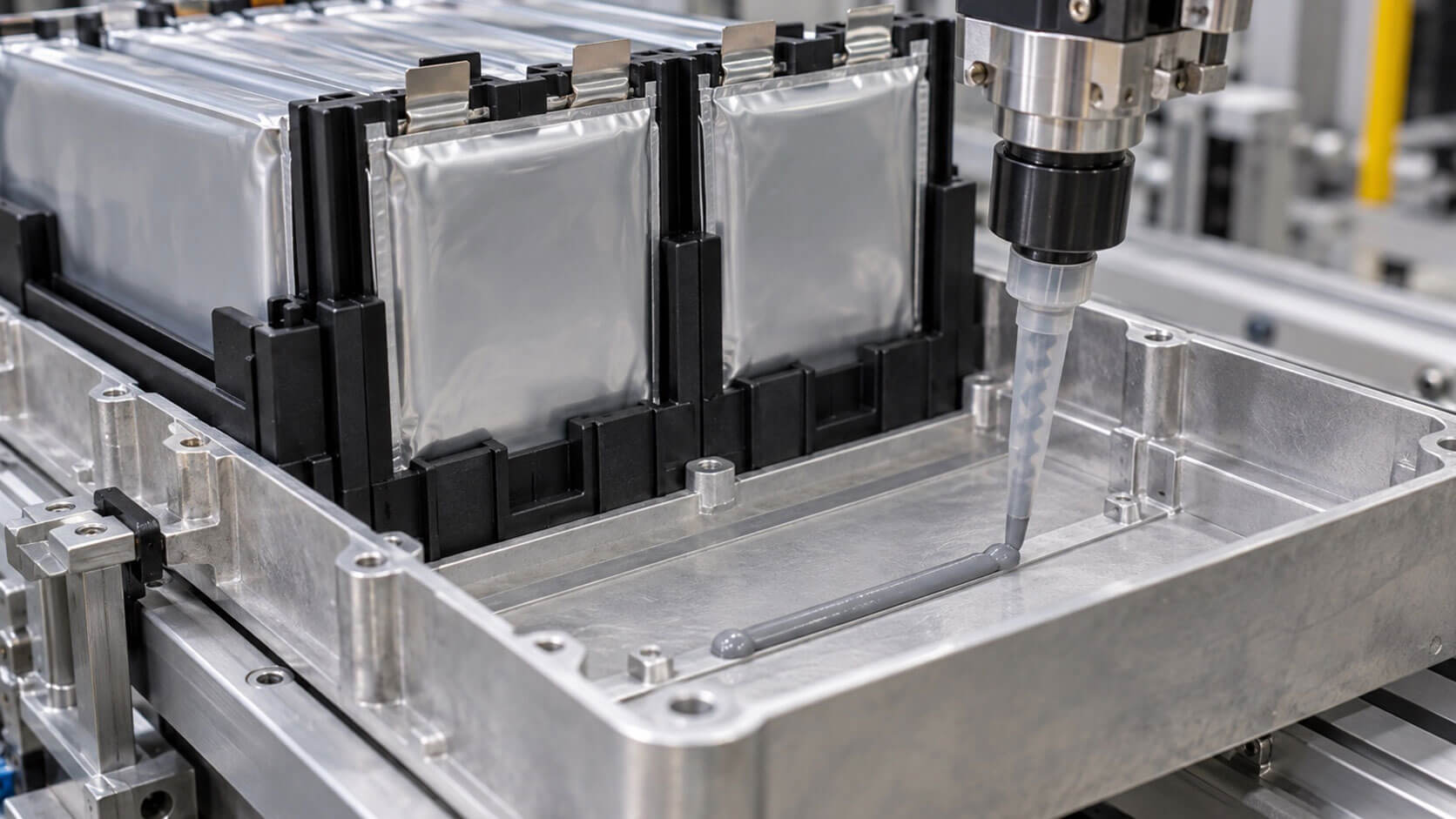 Batterie Kleben & E-Mobility Verklebte Zellen im Aluminiumgehäuse