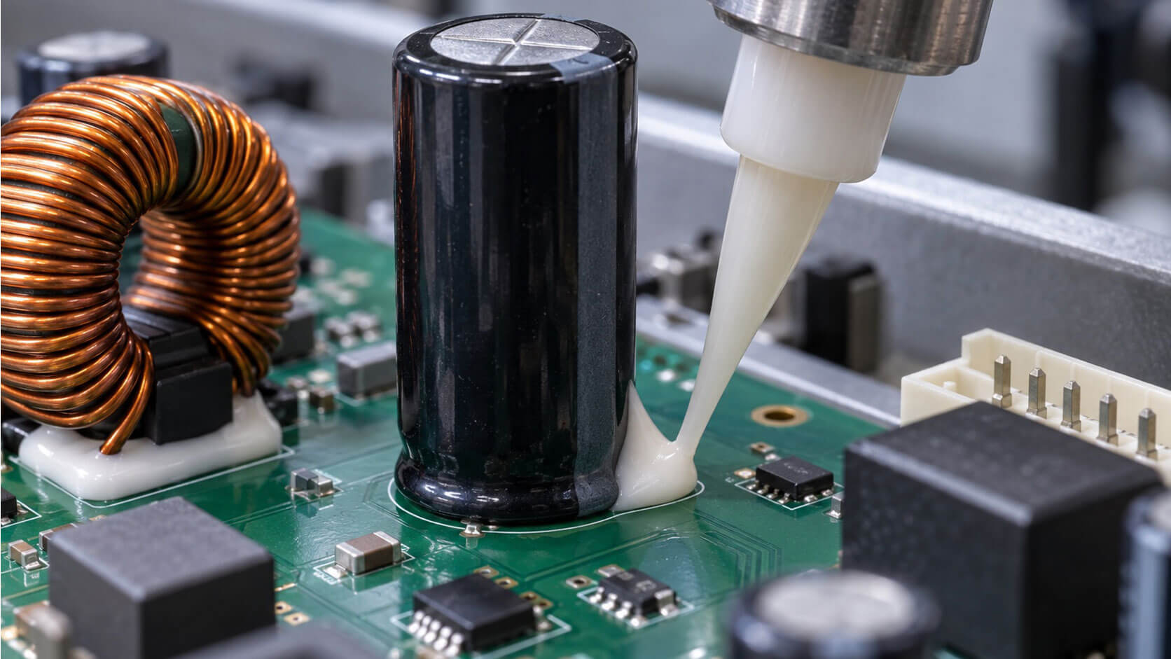 Seitenansicht einer Leiterplatte mit Elektrolytkondensator, Magnet und Spule, jeweils mit einer Silikonkehle gegen Vibration gesichert