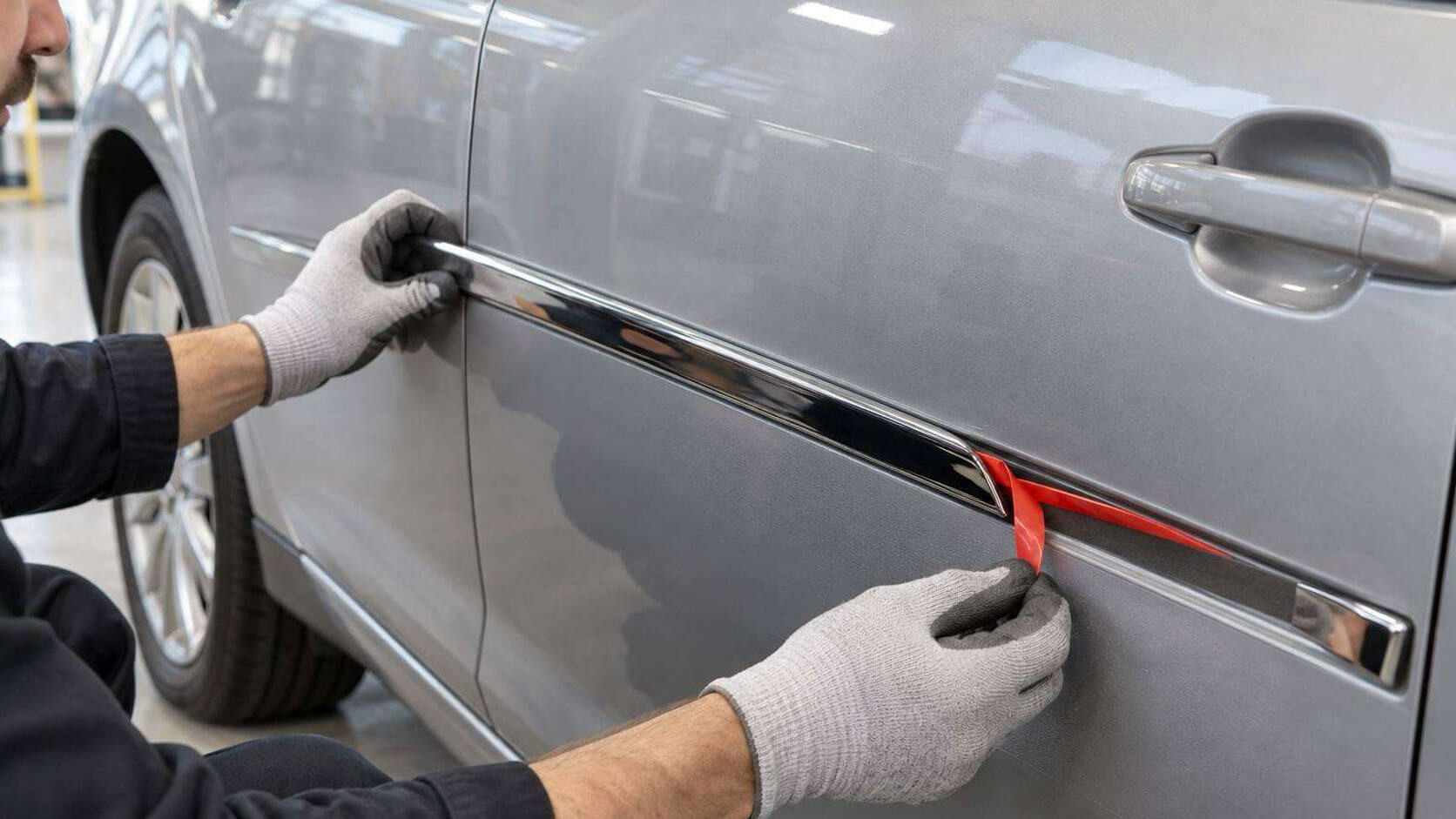 Fahrzeugbau-Anbauteile-Image Fahrzeugsilhouette mit hervorgehobenem Anbauteil – Zierleiste und Emblem an der Karosserie, aufgeklebt mit Schaumklebeband, dazu ein Verkleidungselement im Innenraum