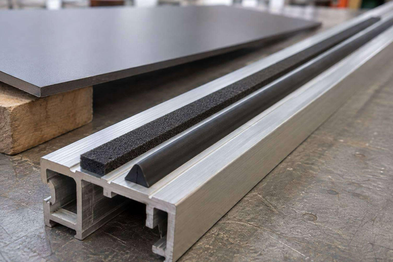Fassadenbau-Bauelemente-Detail Schema einer Paneelverklebung: Fassadenpaneel, Kleb- und Dichtstoffraupe neben Schaumklebeband als Spacer, Primer, Aluminium-Unterkonstruktion