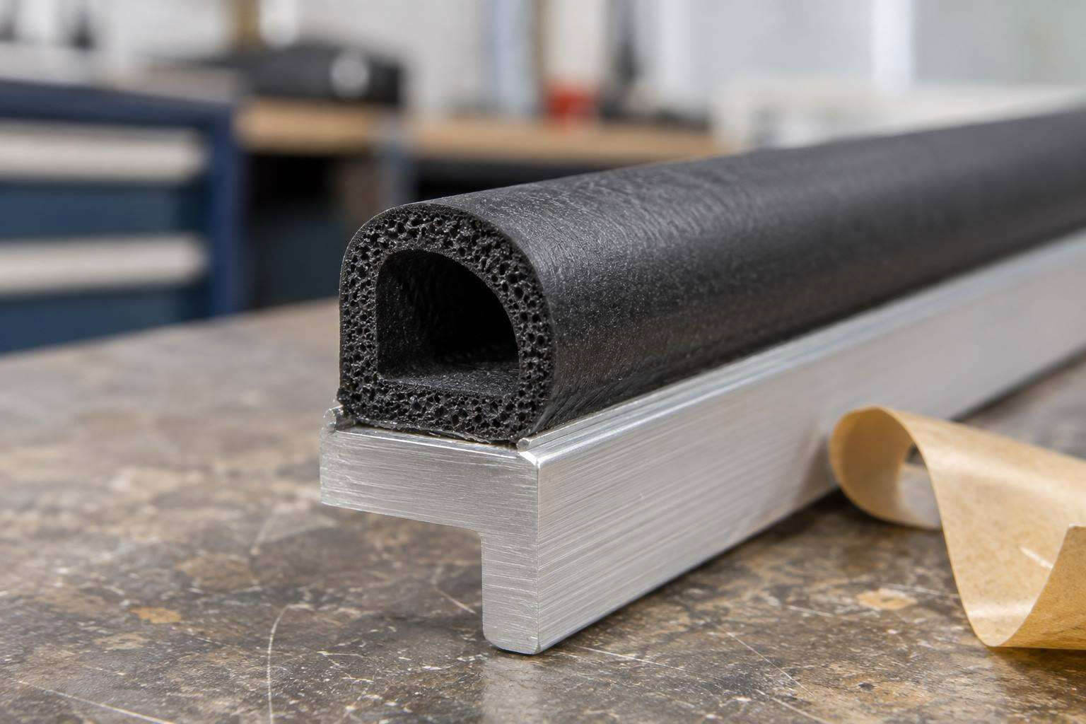 gummi-dichtprofile-aufbau Schnitt durch ein selbstklebend ausgerüstetes EPDM-Profil auf einer Aluminiumtraverse: Profil, Faservlies-Klebeband, Untergrund