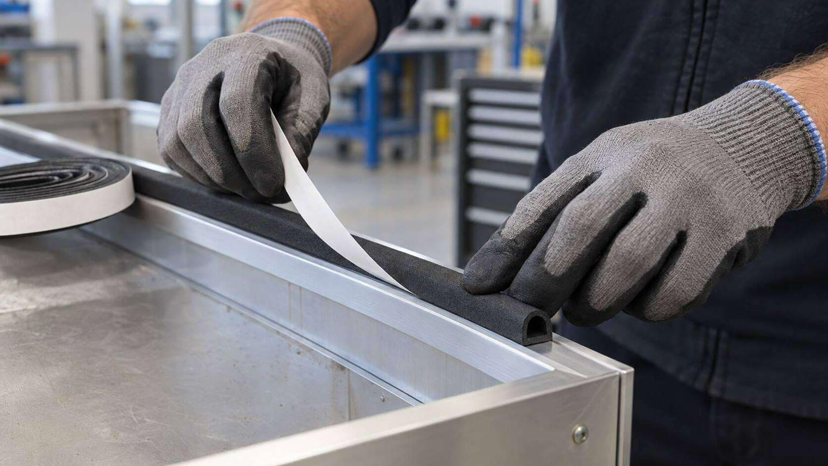 Gummi-Dichtprofil-Image Schnitt durch ein EPDM-Profil und doppelseitiges Klebeband
