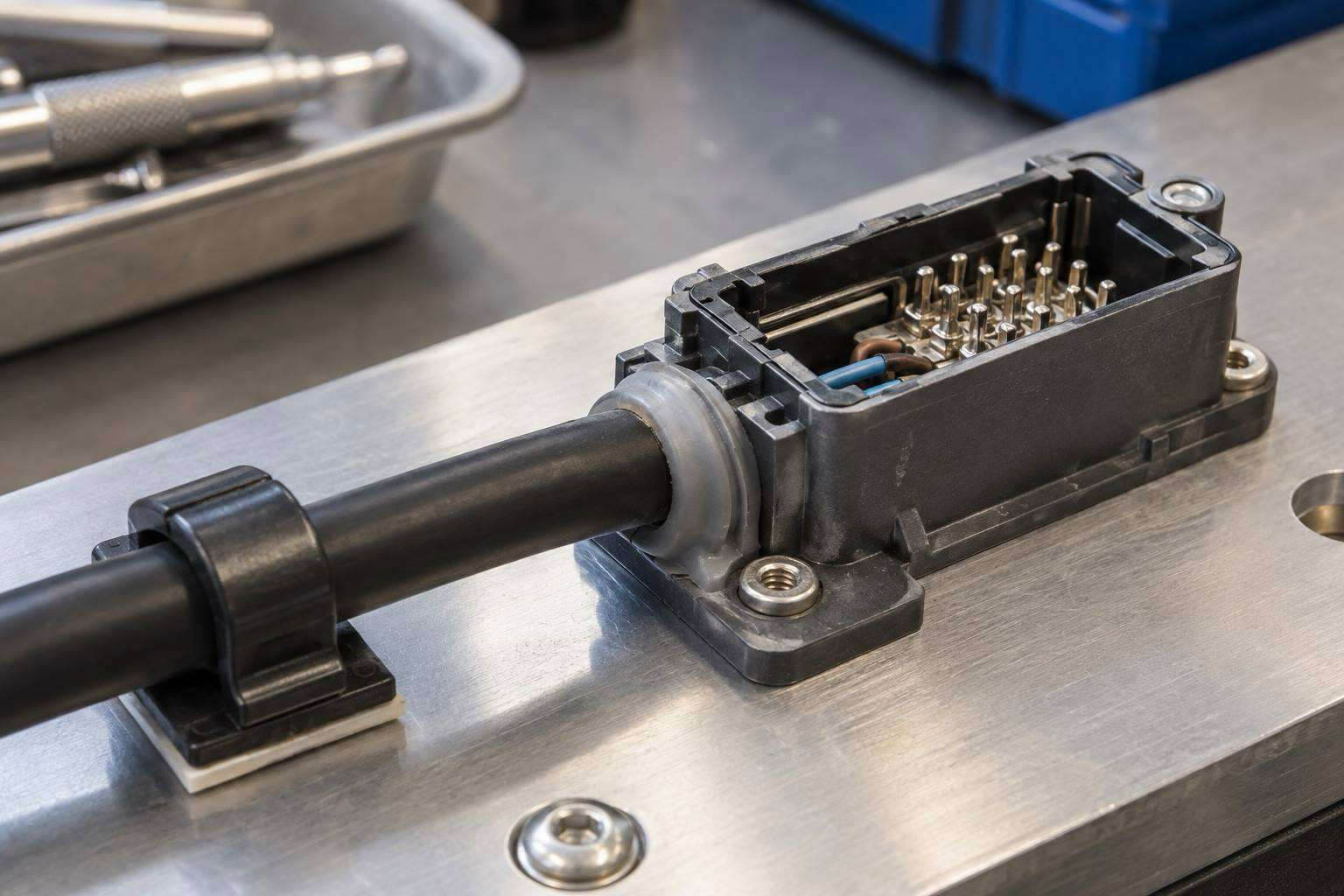 Schnitt durch ein selbstklebend ausger&uuml;stetes EPDM-Profil auf einer Aluminiumtraverse: Profil, Faservlies-Klebeband, Untergrund