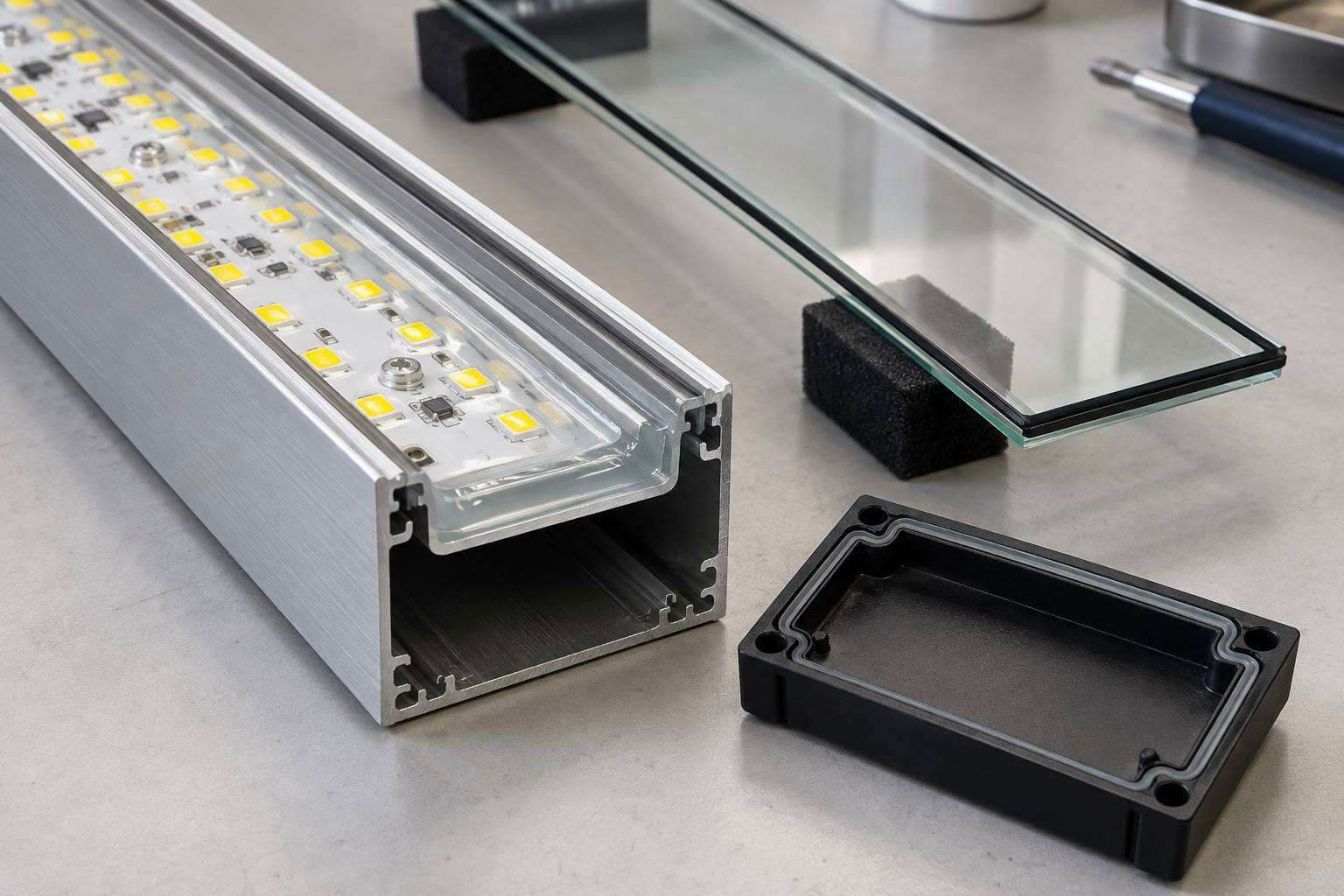 Schnitt durch eine LED-Leuchte mit FIPG-Dichtung, klarem Verguss, Silikonschaum in der Endkappe und alternativem Schutzlack
