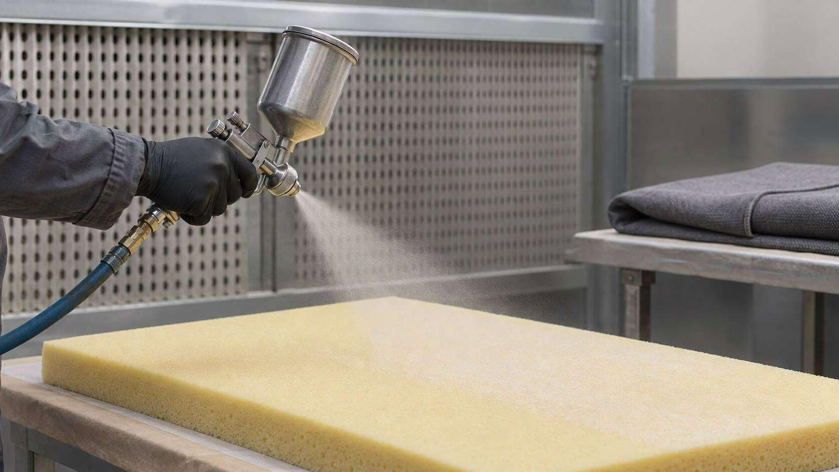 Schaumstoff-Textilien-kleben Auftrag Klebstoff auf Schaumstoff mittels Sprühpistole