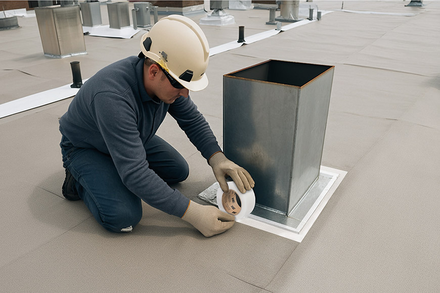 Abdichten eines Gebäudedaches mit Hochleistungs-Dichtband Abdichten eines Gebäudedaches mit Hochleistungs-Dichtband