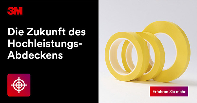 Werbebanner mit schwarzem Hintergrund links und hellgrauem Hintergrund rechts. Links oben steht das rote 3M-Logo, darunter der weiße Text „Die Zukunft des Hochleistungs-Abdeckens“. Rechts sind mehrere übereinander angeordnete gelbe Klebebandrollen dargestellt. Unten rechts befindet sich ein roter Button mit der Aufschrift „Erfahren Sie mehr“.