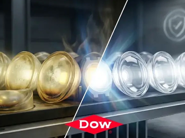 DOWSIL™ Silikon Sekundäroptiken Vergilbte thermoplastische Linsen vs. klare Silikon-Sekundäroptiken für LED-Leuchten