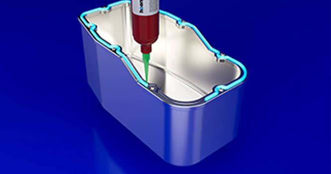 Präzise Dosierapplikation mit Hoenle-System und Vitralit CIPG zur umlaufenden Flüssigdichtung eines Gehäuses