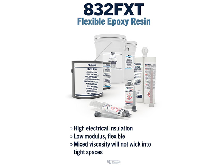 MG Chemicals® 832FXT Flexibles Epoxidharz – Produkteigenschaften und Gebindeübersicht Produktabbildung des flexiblen Epoxidharzes 832FXT von MG Chemicals in verschiedenen Gebindegrößen und Kartuschen. Neben dem Produkt werden die wichtigsten Eigenschaften hervorgehoben: hohe elektrische Isolierung, flexible Materialeigenschaften und geringe Kapillarwirkung in engen Spalten.