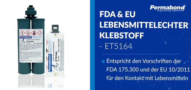 Permabond® ET5164 – FDA- und EU-konformer lebensmittelechter Epoxidklebstoff Produktionsanlage der Lebensmittelindustrie mit Hinweis auf den lebensmittelechten Klebstoff Permabond ET5164, geeignet für Anwendungen gemäß FDA 175.300 und EU 10/2011.