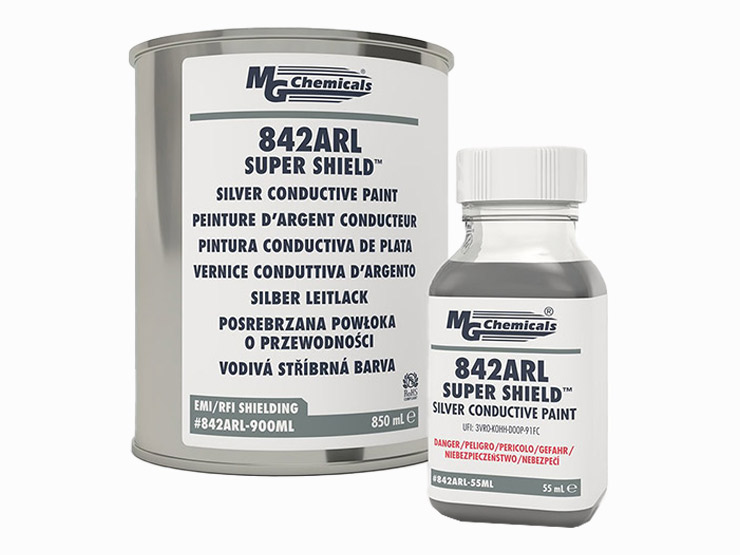 MG Chemicals® SUPER SHIELD™ 842ARL Super Shield – Silberleitlack für EMI-/RFI-Abschirmung Produktabbildung des MG Chemicals 842ARL Super Shield Silberleitlacks in 850-ml- und 55-ml-Gebinden. Die leitfähige Silberbeschichtung dient zur EMI-/RFI-Abschirmung von elektronischen Bauteilen und Gehäusen.